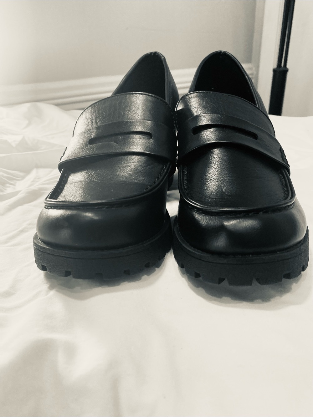 Soda Black Leather Penny Loafers with Lug Sole